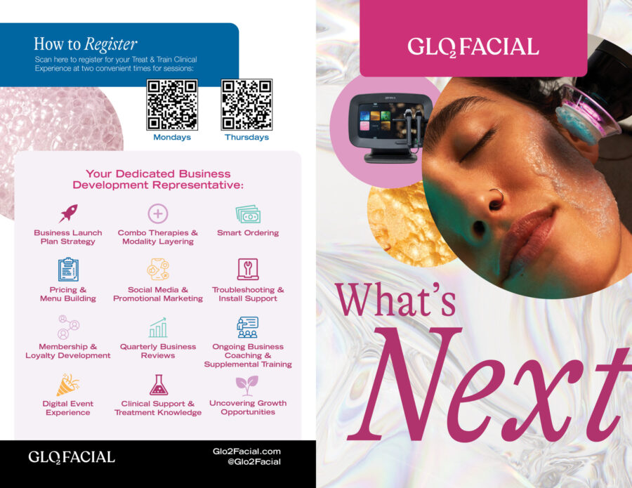 A brochure for glo facial, with an image of a woman 's face.